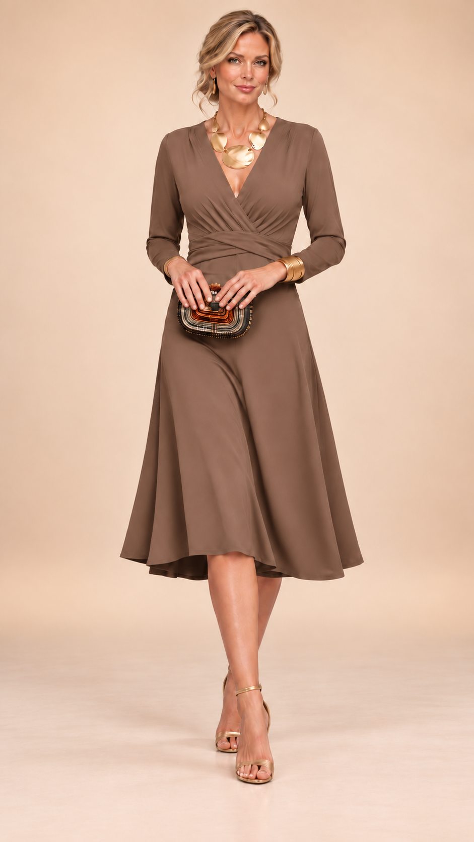 Naomi | Solid V-Neck Cross Waist Ruched Long Sleeve Midi Maxi Dress