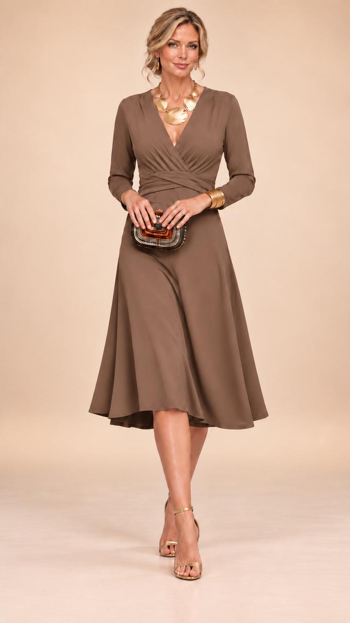 Naomi | Solid V-Neck Cross Waist Ruched Long Sleeve Midi Maxi Dress