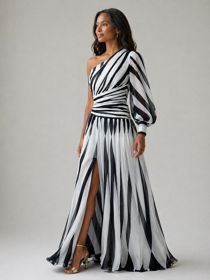 Violet &amp; Grace™ |Elegant Striped Maxi Dress with One Shoulder