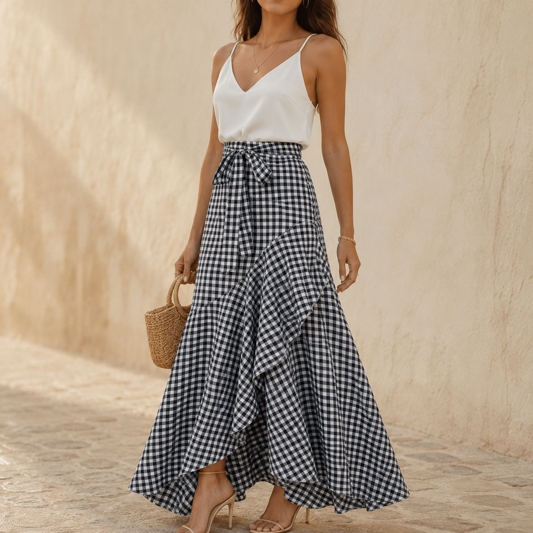 Veluna – Gingham Asymmetrical Ruffle Maxi Skirt for Women