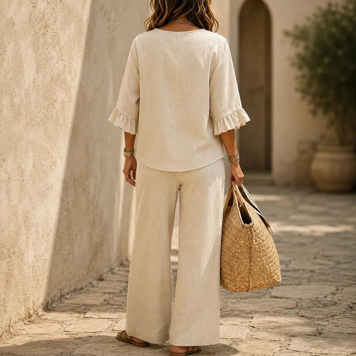 Lunavia | Linen-Look Two-Piece Set with Ruffle Sleeves and Wide-Leg Pants