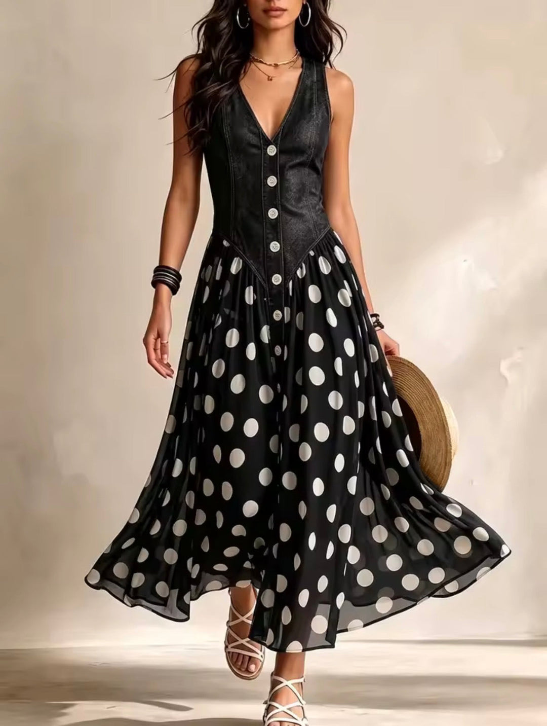 Mary | Midi Chiffon Dress with Polka-Dot Pattern