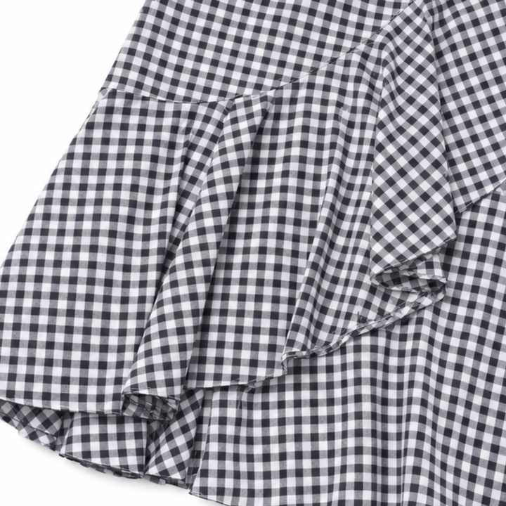 Veluna – Gingham Asymmetrical Ruffle Maxi Skirt for Women