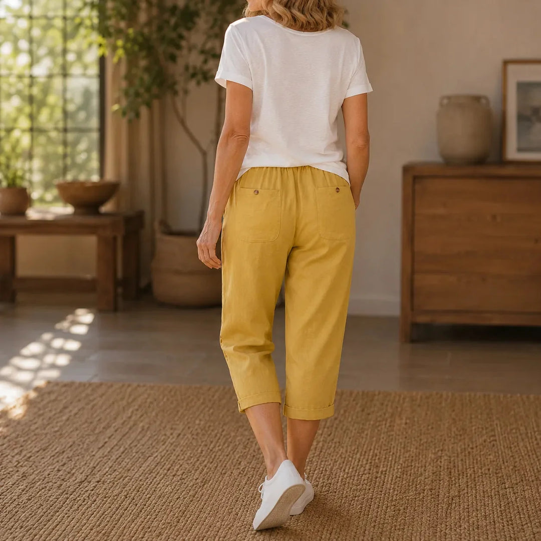 Loravie – Eyelet Trim Cotton-Linen-like Capri Pants with Drawstring Waist