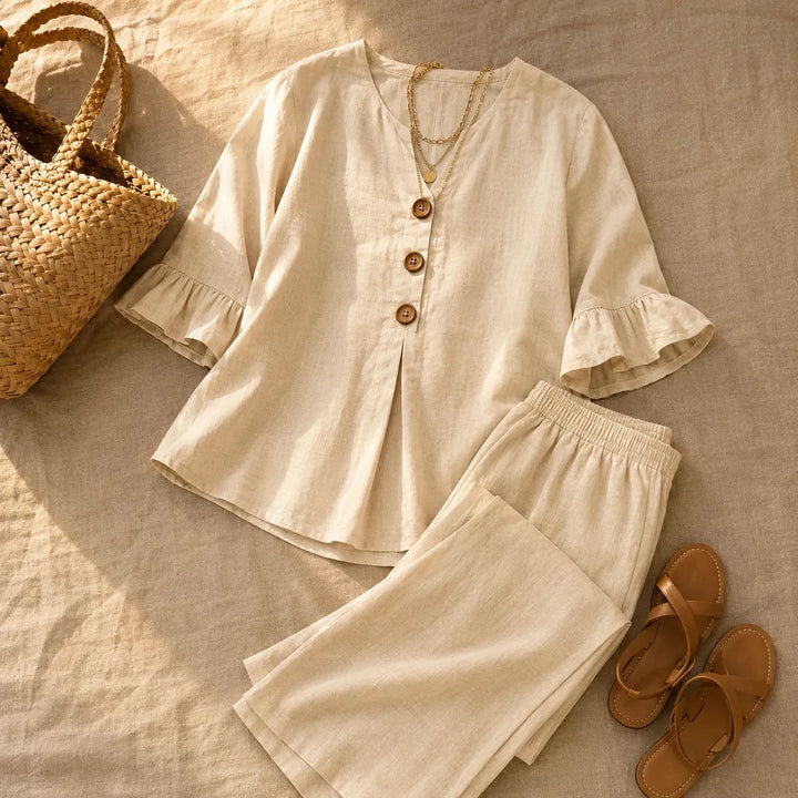 Lunavia | Linen-Look Two-Piece Set with Ruffle Sleeves and Wide-Leg Pants