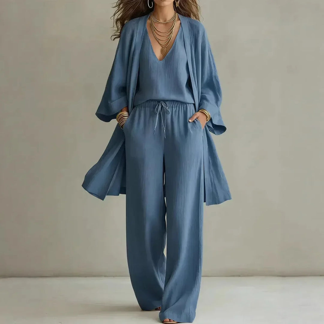 Camille | Three-Piece Wide-Leg Trouser Set with Overshirt