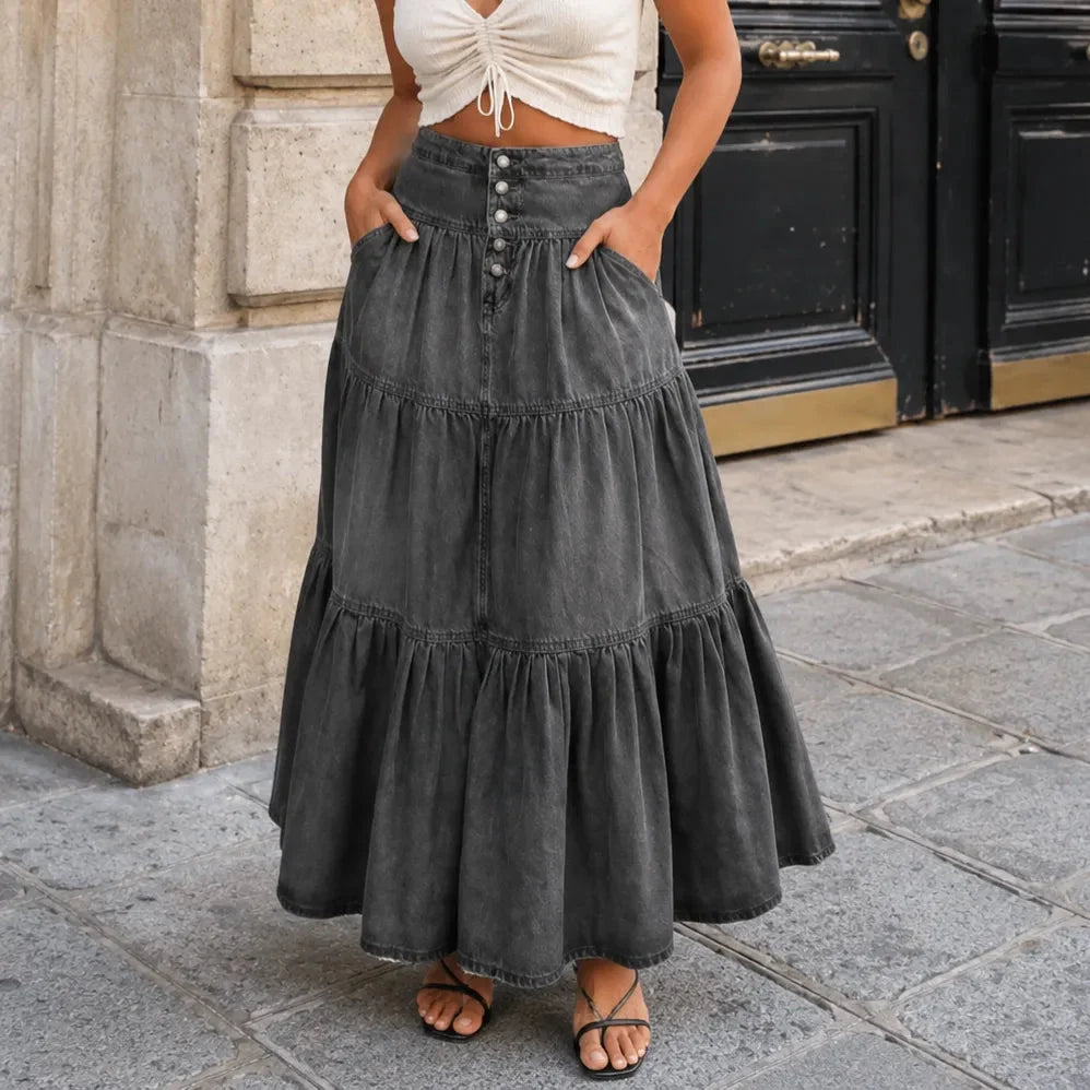 Romella – High Waisted Tiered A-Line Denim Maxi Skirt for Women