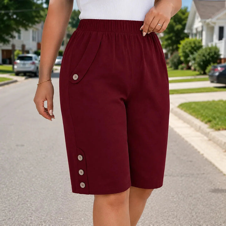 Velora – Plus Size Elastic Waist Capri Pants with Side Button Detail