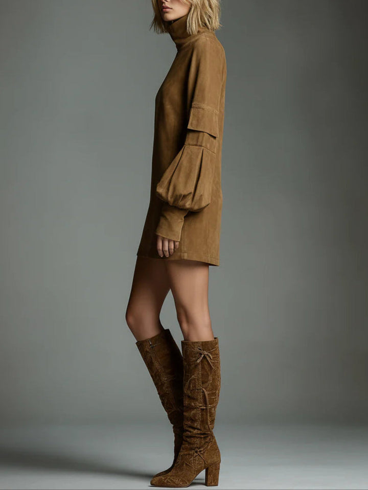 Romy | Vintage Faux Suede Mini Dress with Stand Collar