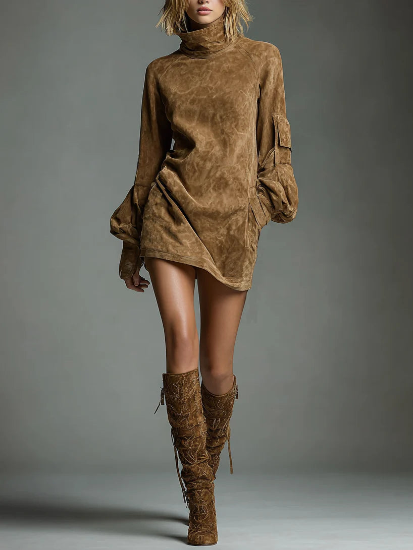 Romy | Vintage Faux Suede Mini Dress with Stand Collar