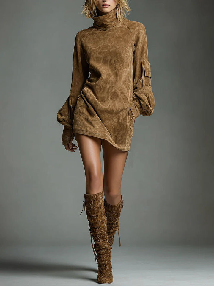 Romy | Vintage Faux Suede Mini Dress with Stand Collar