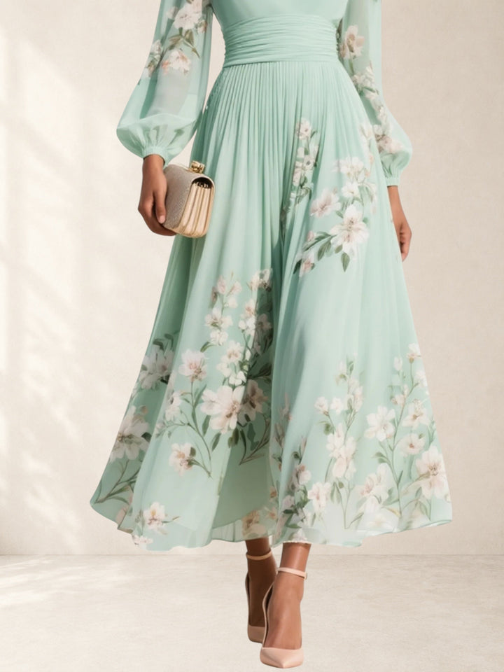 Ingrid | Light Green V-Neck Chiffon Pleated Floral Midi Dress