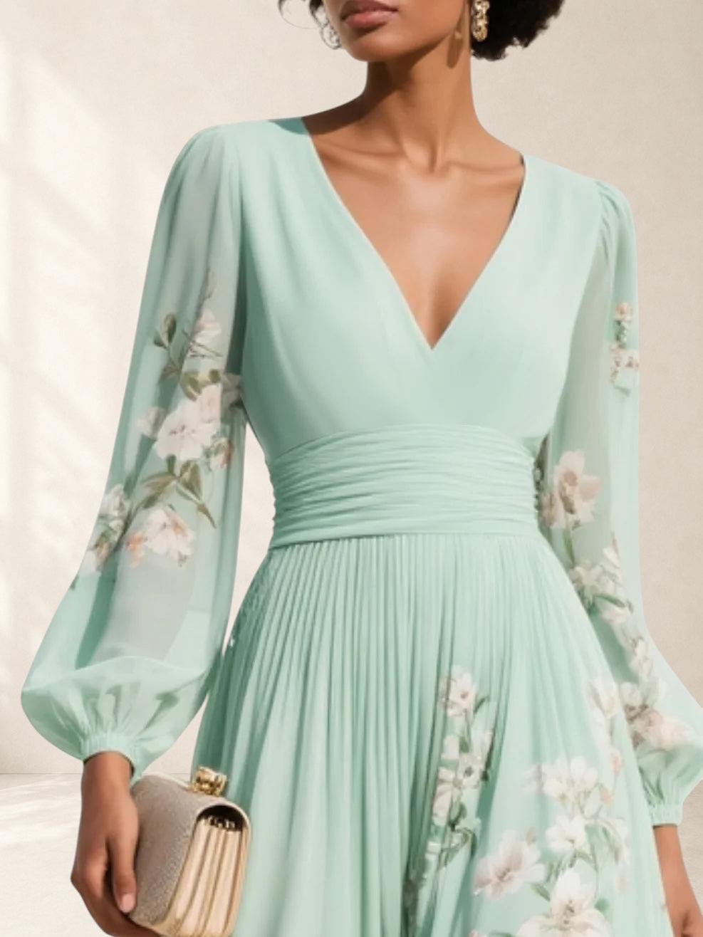 Ingrid | Light Green V-Neck Chiffon Pleated Floral Midi Dress