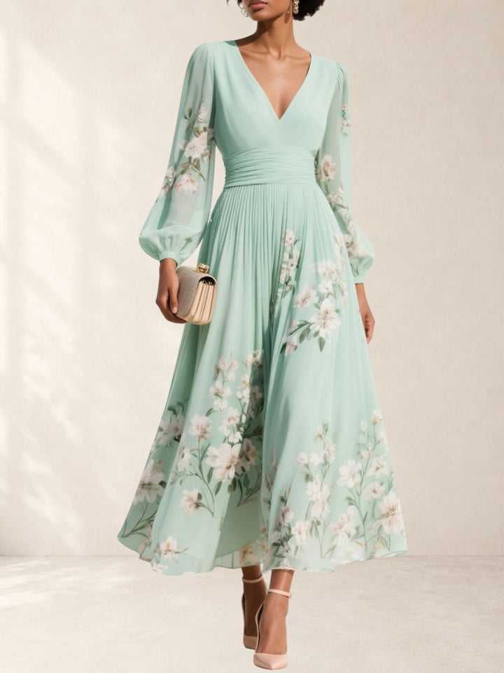 Ingrid | Light Green V-Neck Chiffon Pleated Floral Midi Dress