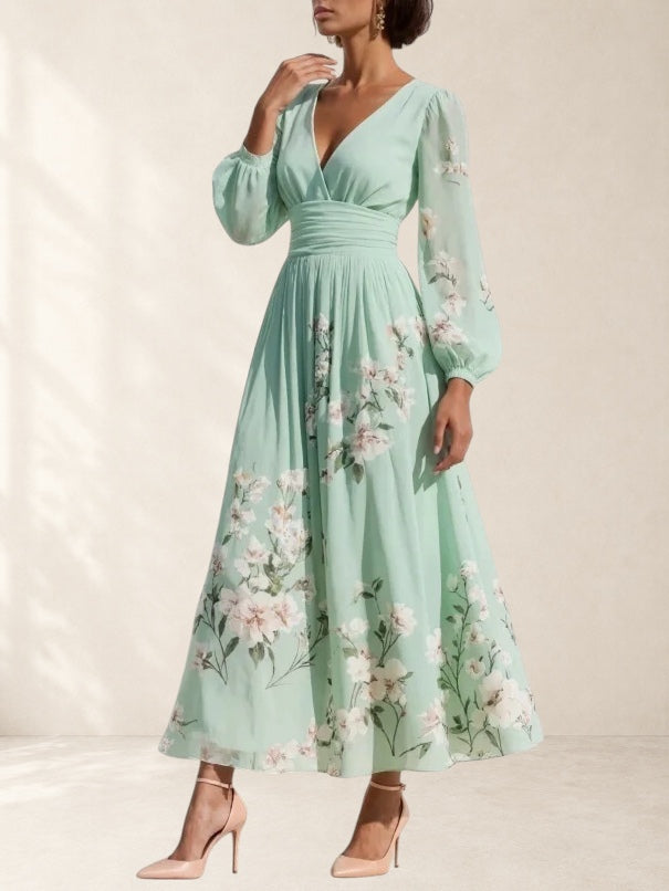 Ingrid | Light Green V-Neck Chiffon Pleated Floral Midi Dress