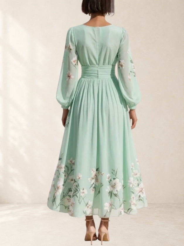 Ingrid | Light Green V-Neck Chiffon Pleated Floral Midi Dress