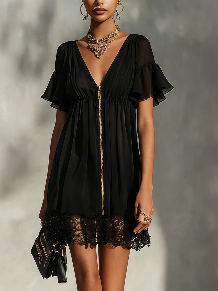 Arabella | Lace-Trim Zip Front Mini Dress