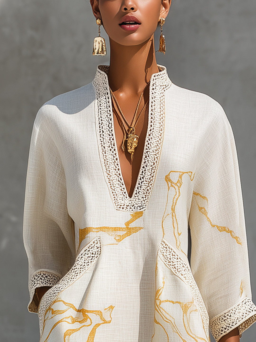 V-Neck Ivory &amp; Gold Print Crochet Lace Mini Dress