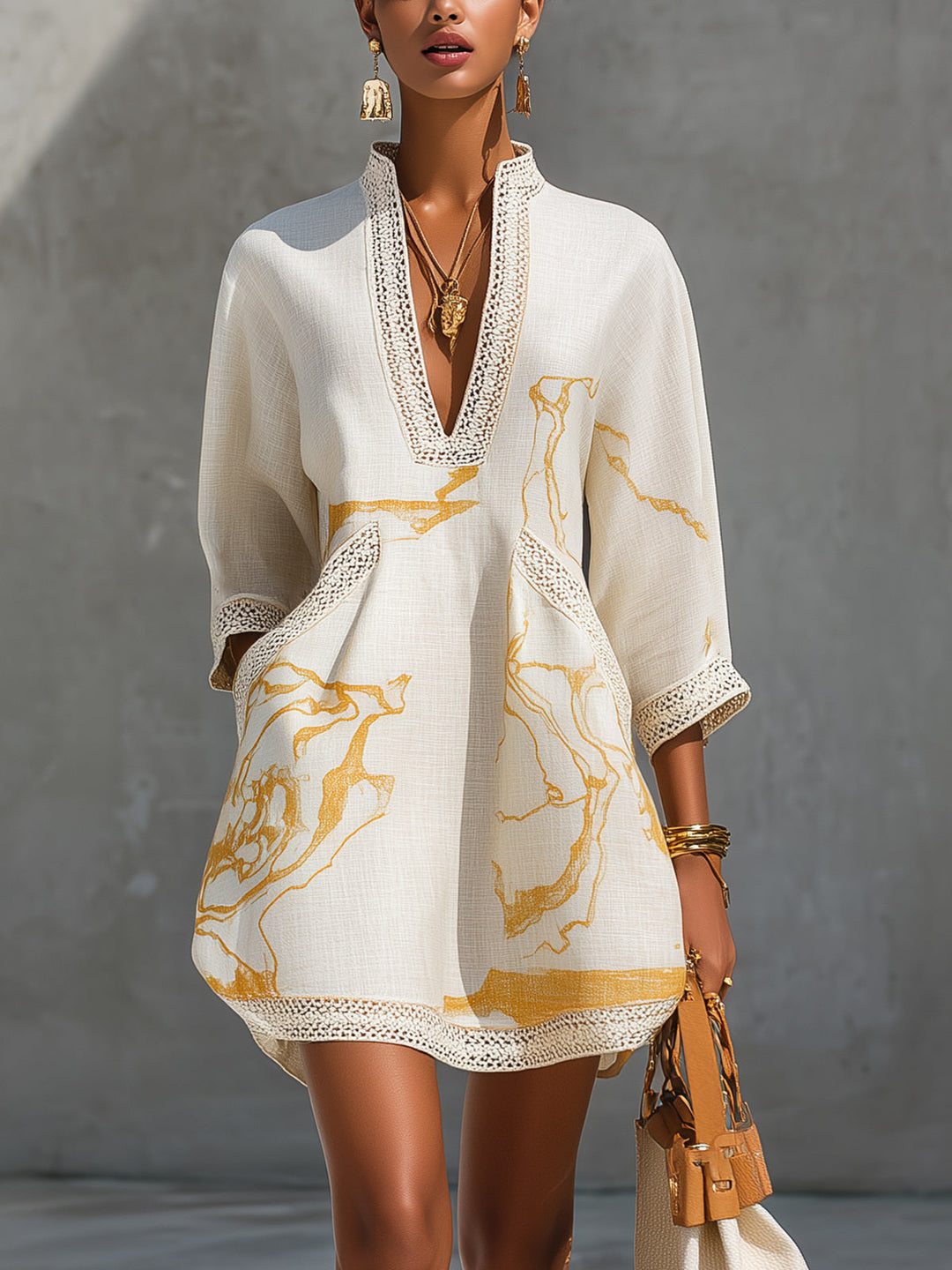 V-Neck Ivory &amp; Gold Print Crochet Lace Mini Dress