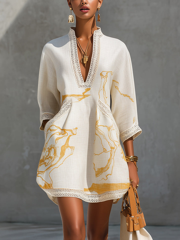 V-Neck Ivory &amp; Gold Print Crochet Lace Mini Dress