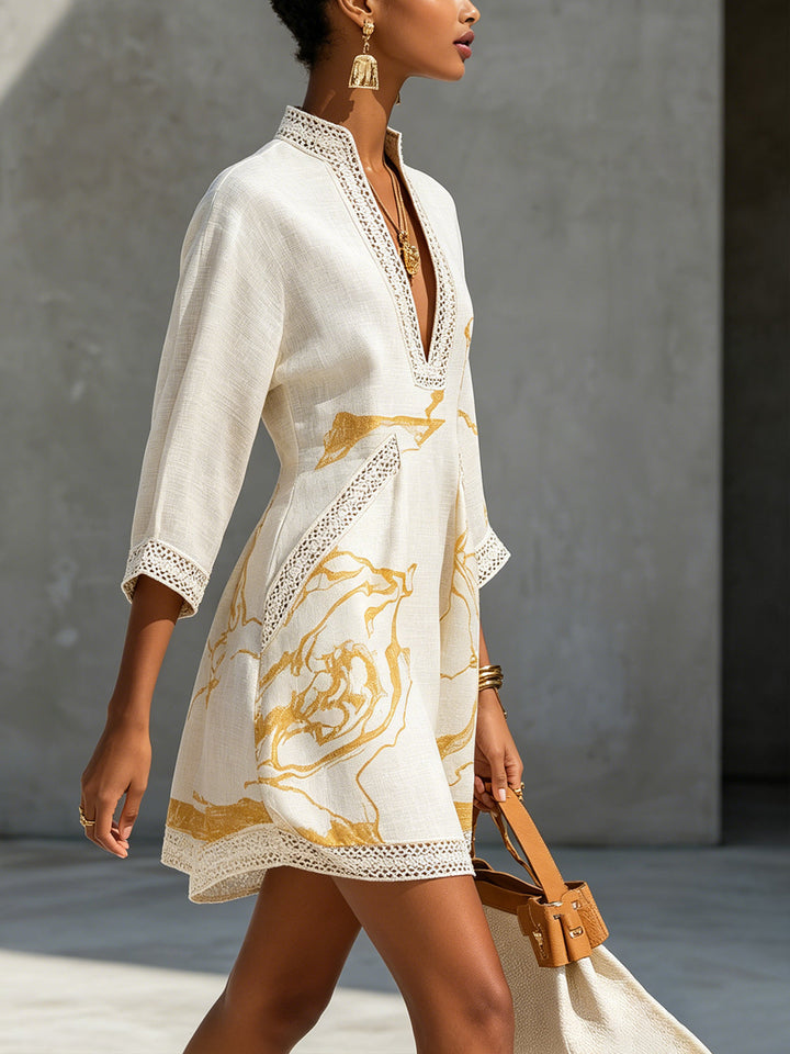 V-Neck Ivory &amp; Gold Print Crochet Lace Mini Dress