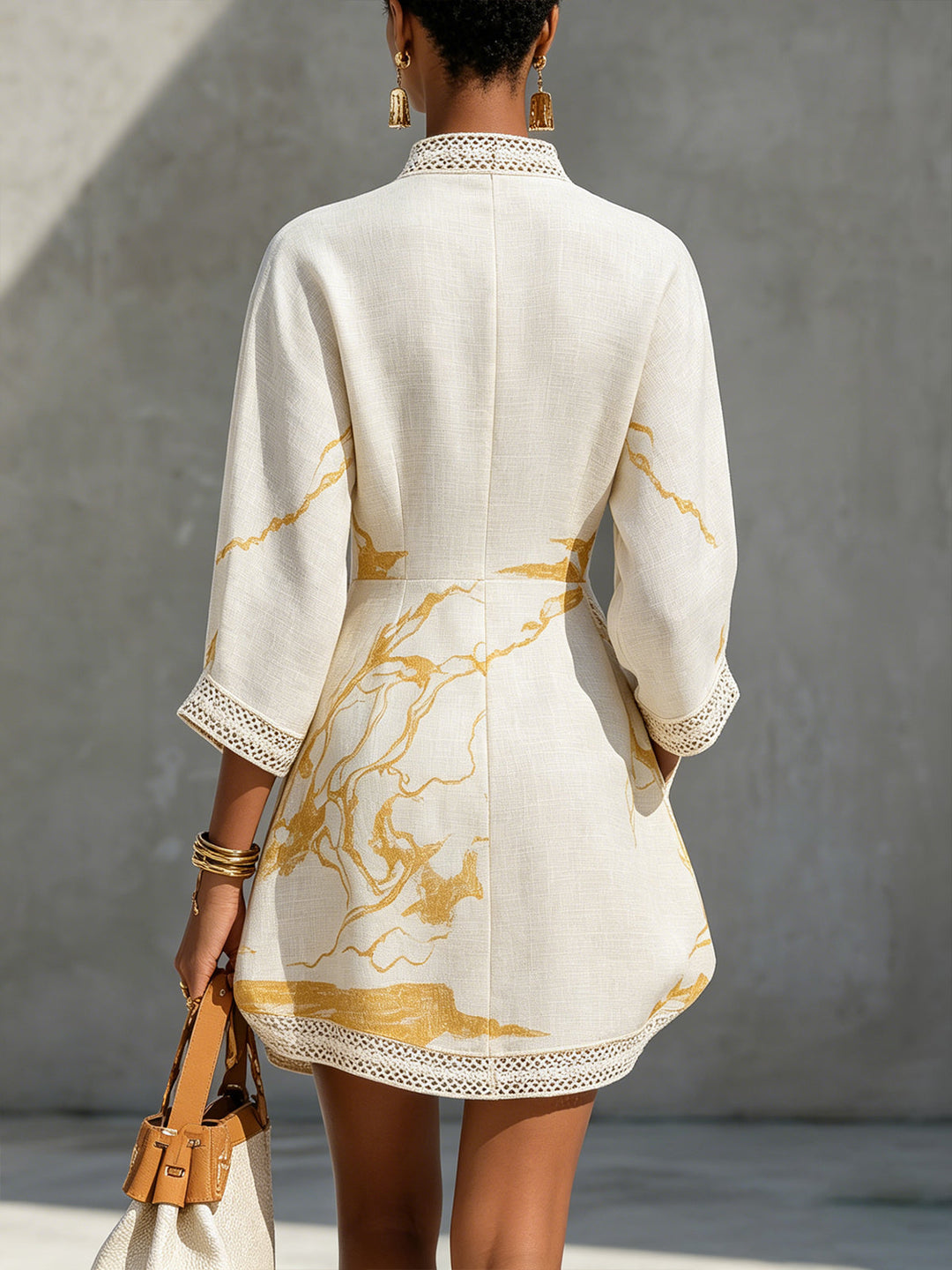 V-Neck Ivory &amp; Gold Print Crochet Lace Mini Dress
