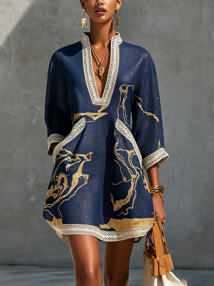 Navy &amp; Gold V-Neck Crochet Lace Mini Dress