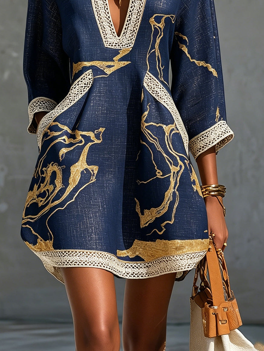 Navy &amp; Gold V-Neck Crochet Lace Mini Dress