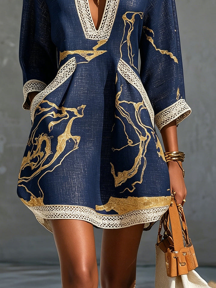 Navy &amp; Gold V-Neck Crochet Lace Mini Dress