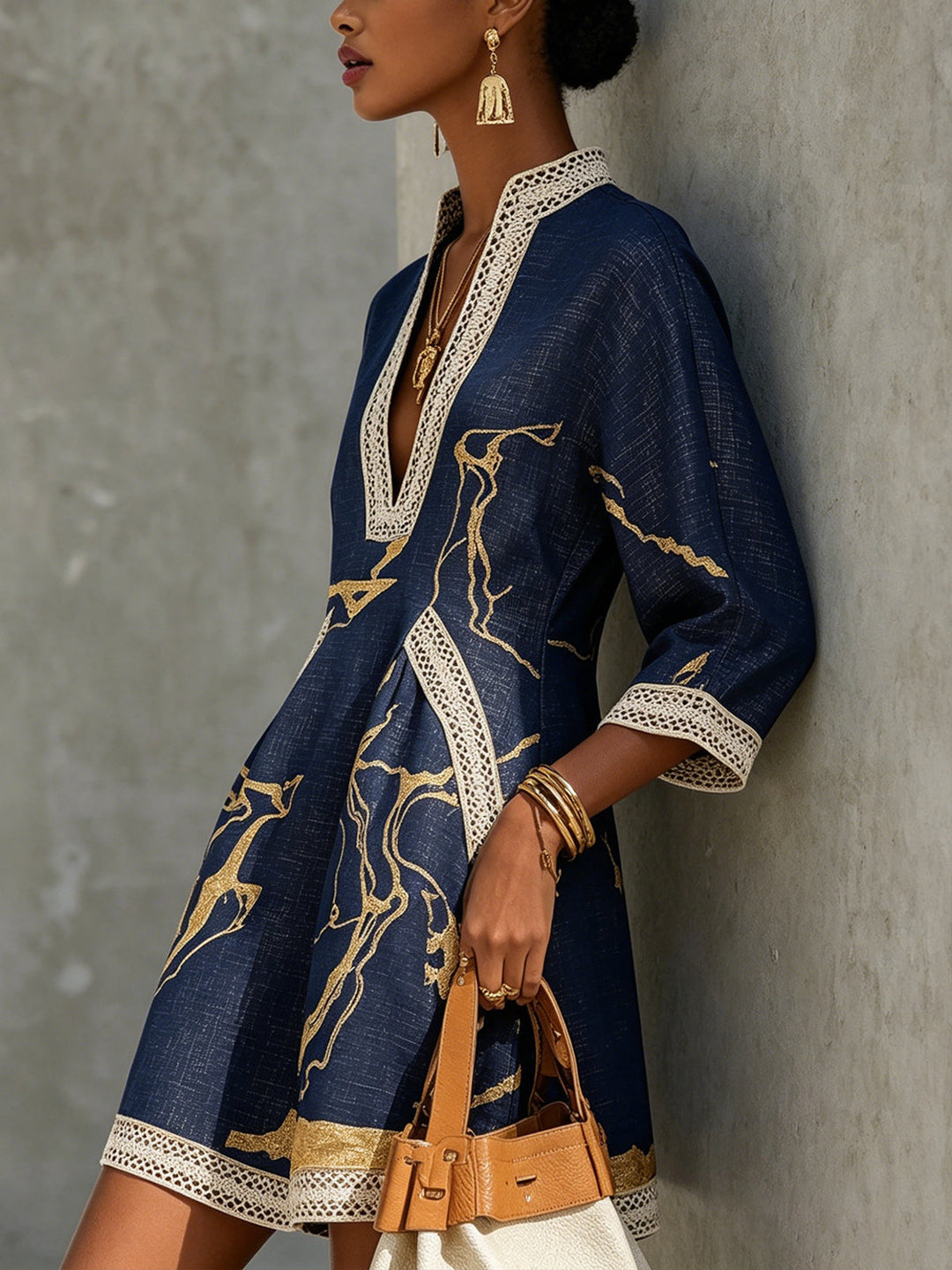 Navy &amp; Gold V-Neck Crochet Lace Mini Dress