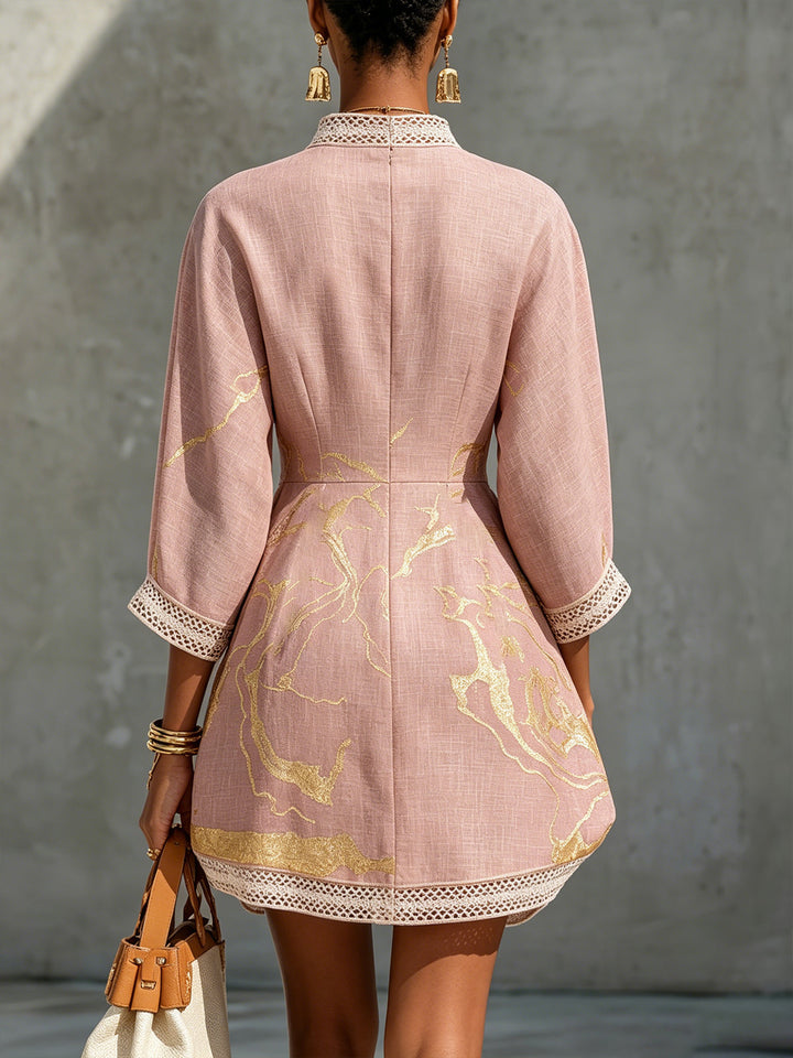Rose &amp; Gold V-Neck Crochet Lace Mini Dress