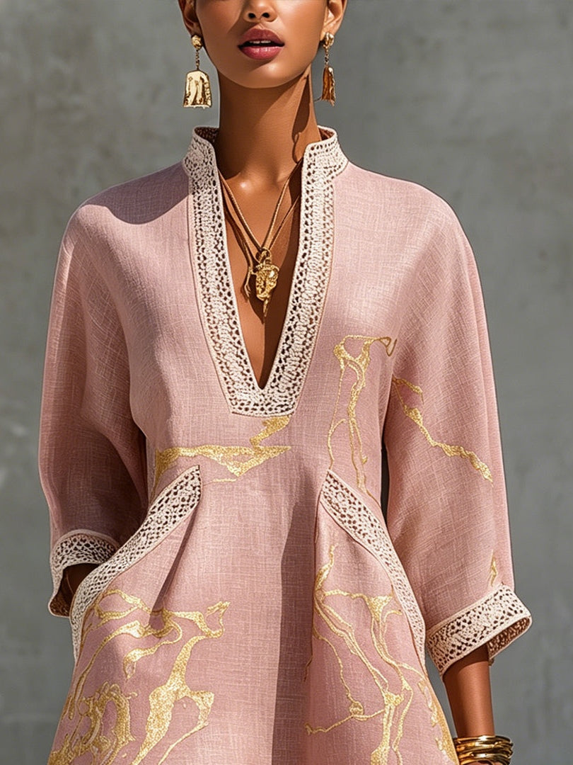 Rose &amp; Gold V-Neck Crochet Lace Mini Dress