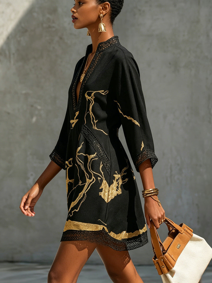 Black &amp; Gold V-Neck Crochet Lace Mini Dress