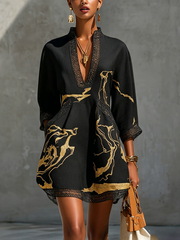 Black &amp; Gold V-Neck Crochet Lace Mini Dress