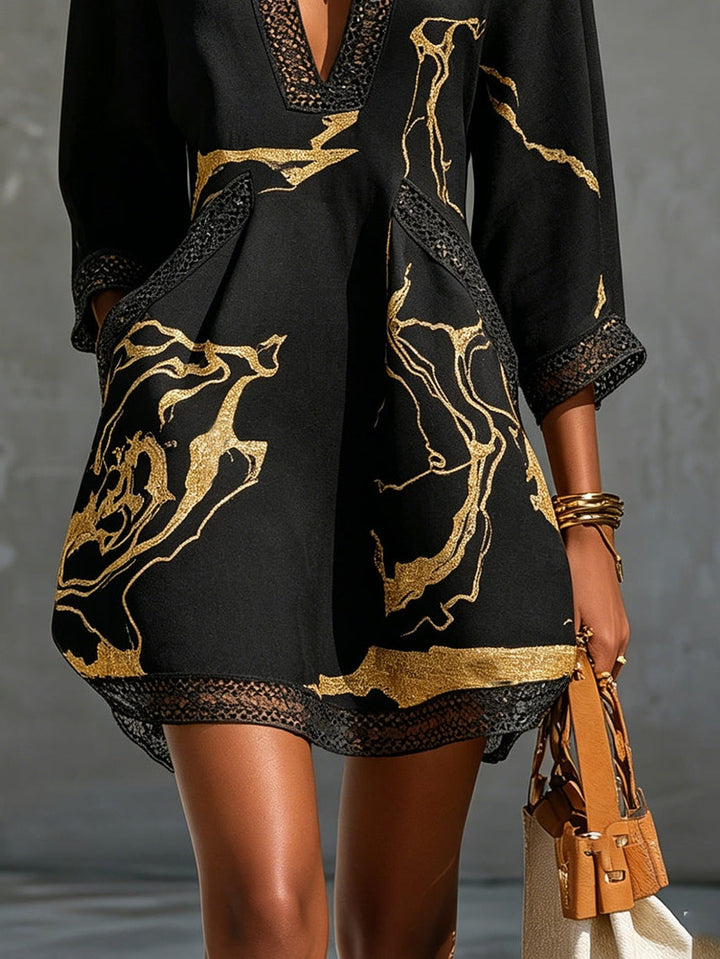 Black &amp; Gold V-Neck Crochet Lace Mini Dress