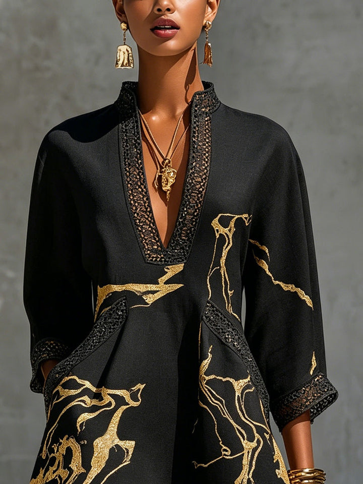Black &amp; Gold V-Neck Crochet Lace Mini Dress