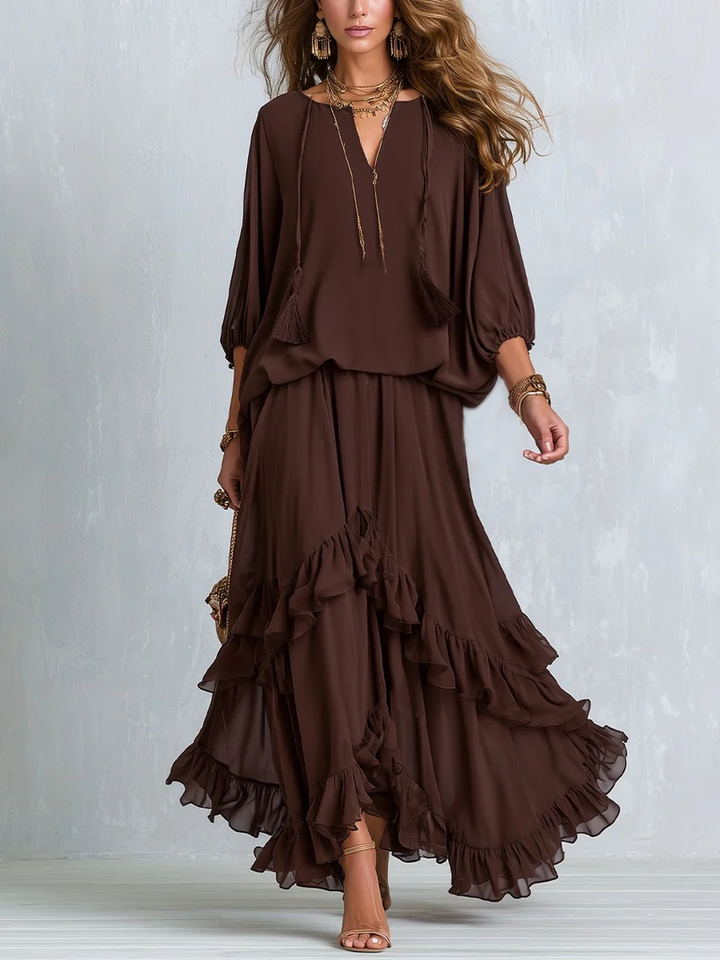 Ondine | Brown Chiffon Fringe Top and Ruffled Skirt Set