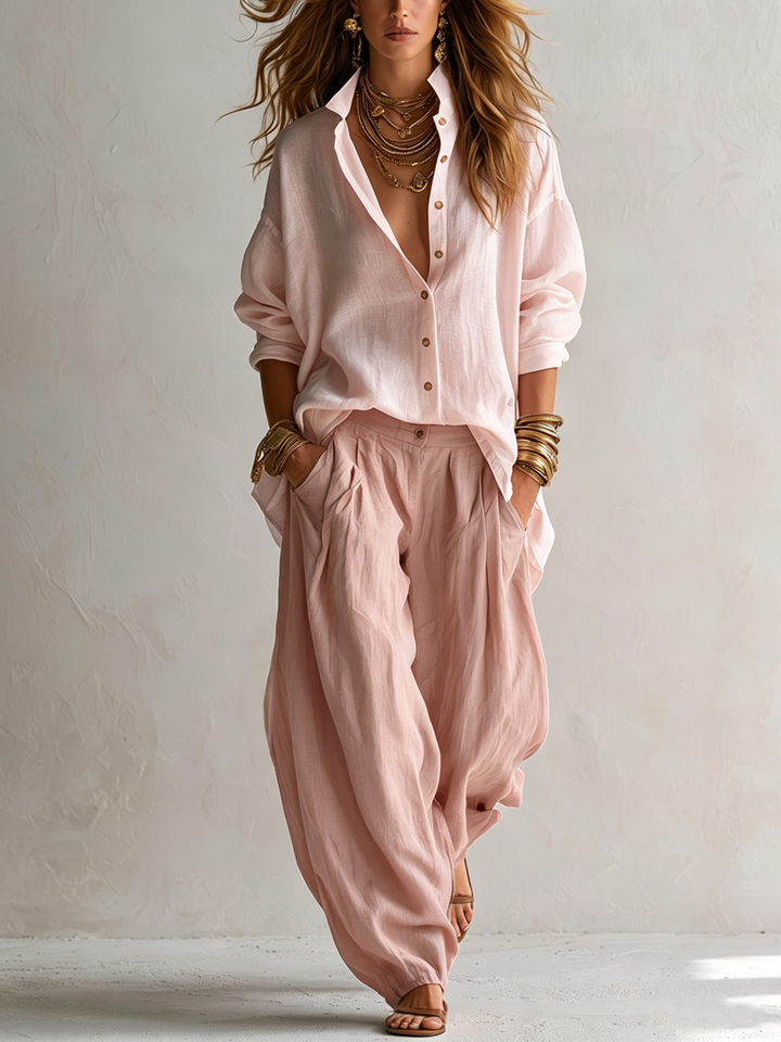 Capucine | White Blouse and Olive Green Lantern Pant Set