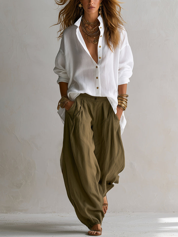 Capucine | White Blouse and Olive Green Lantern Pant Set