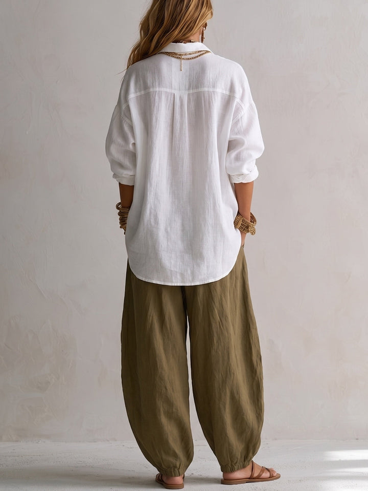 Capucine | White Blouse and Olive Green Lantern Pant Set