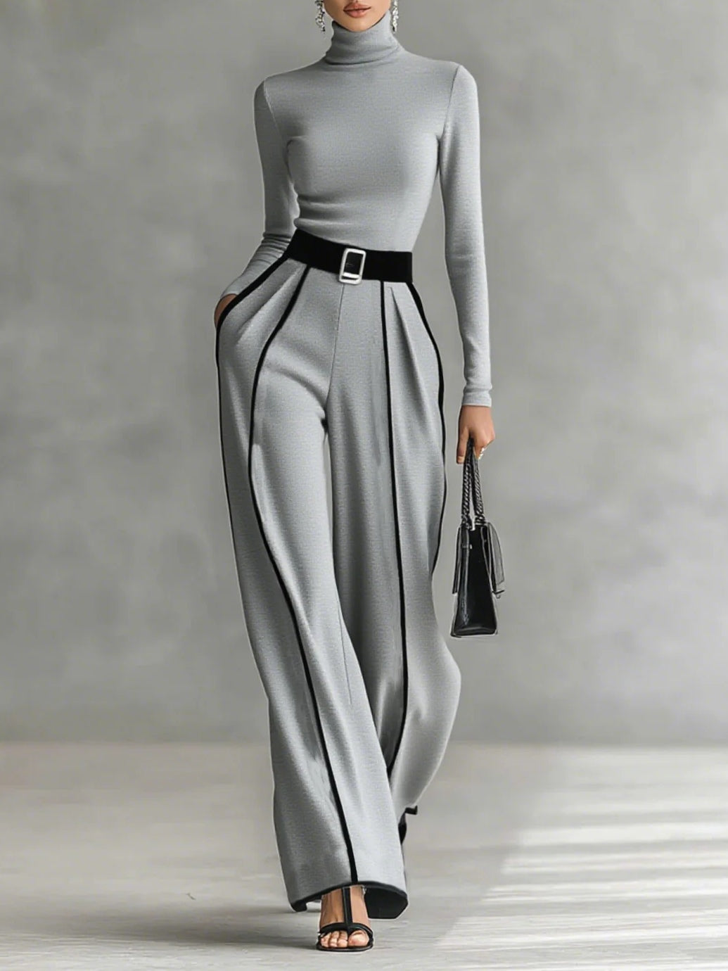 Adèle | High-Neck Set with White Trim and Wide-Leg Pant
