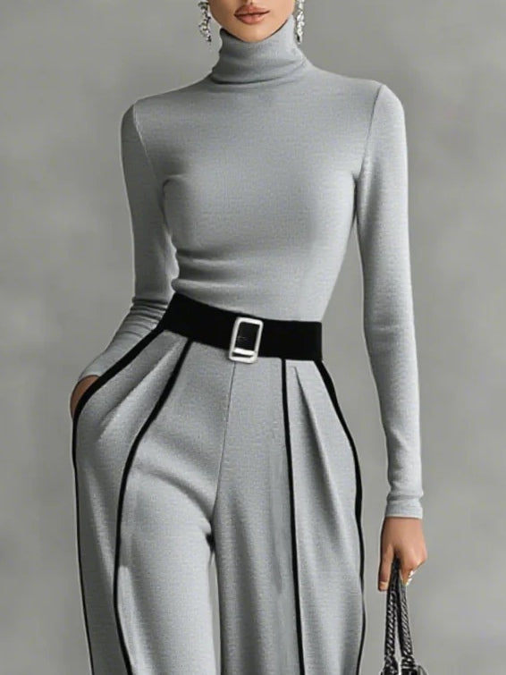 Adèle | High-Neck Set with White Trim and Wide-Leg Pant