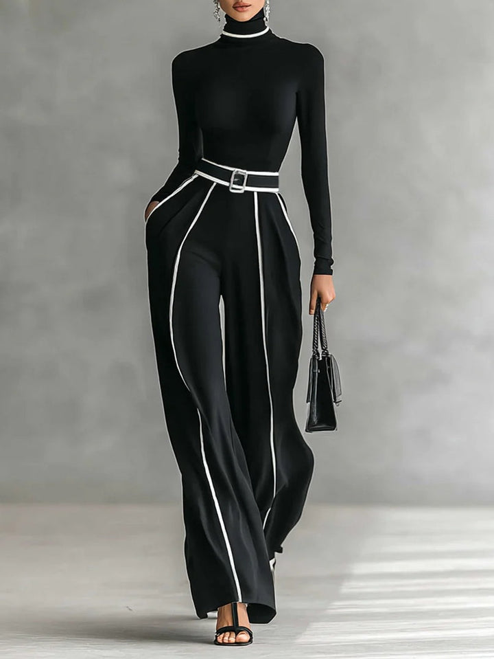 Adèle | High-Neck Set with White Trim and Wide-Leg Pant