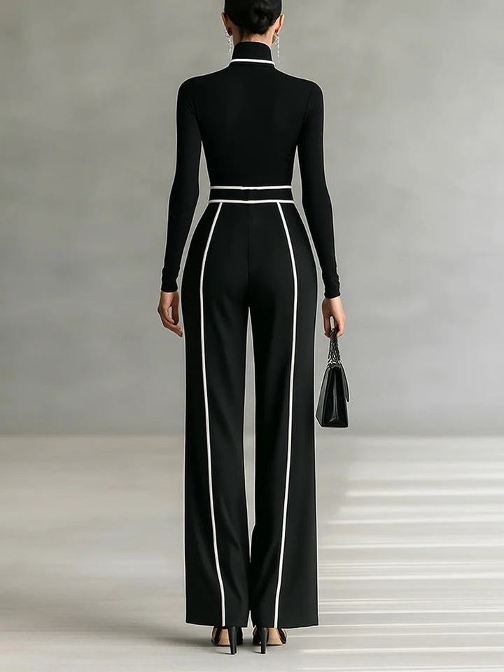 Adèle | High-Neck Set with White Trim and Wide-Leg Pant