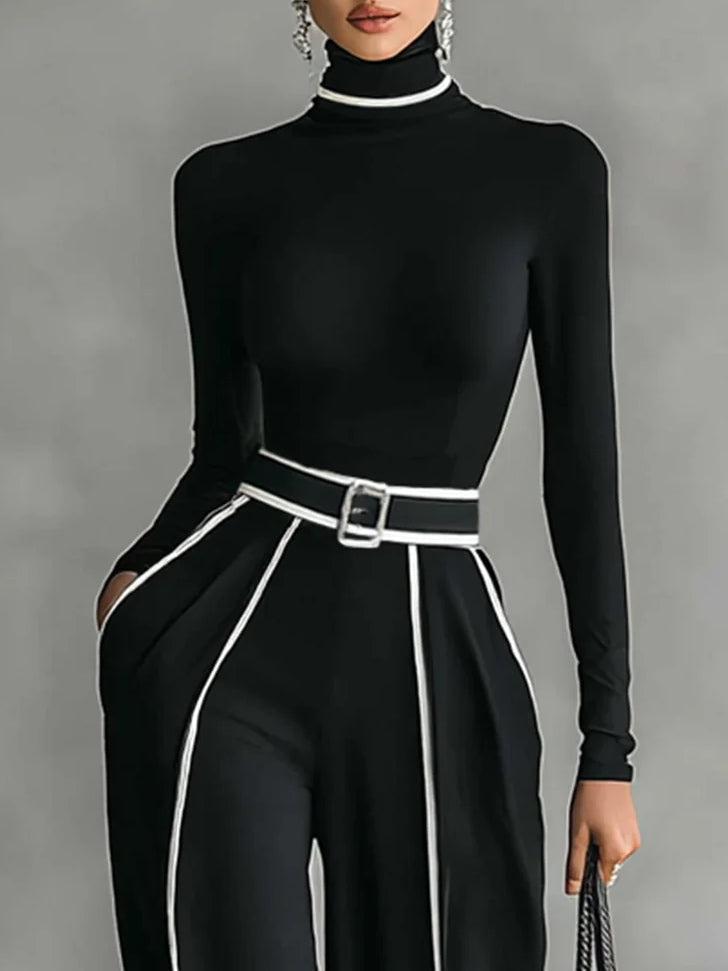 Adèle | High-Neck Set with White Trim and Wide-Leg Pant