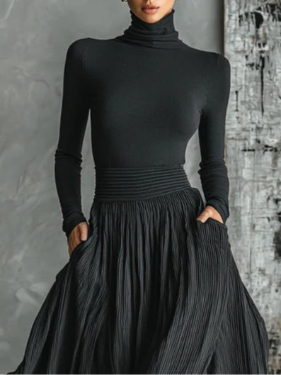 Prudence | Black Turtleneck Top and Pleated Skirt Set