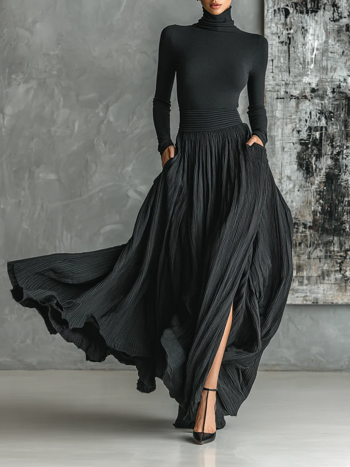 Prudence | Black Turtleneck Top and Pleated Skirt Set