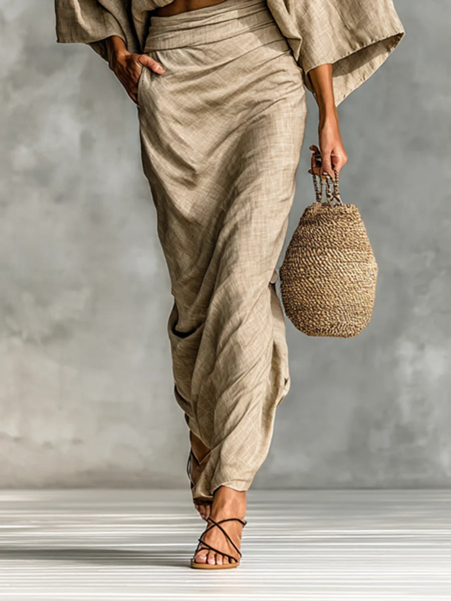 WILLOW | Beige Two Piece Set with Batwing Top and Long Skirt