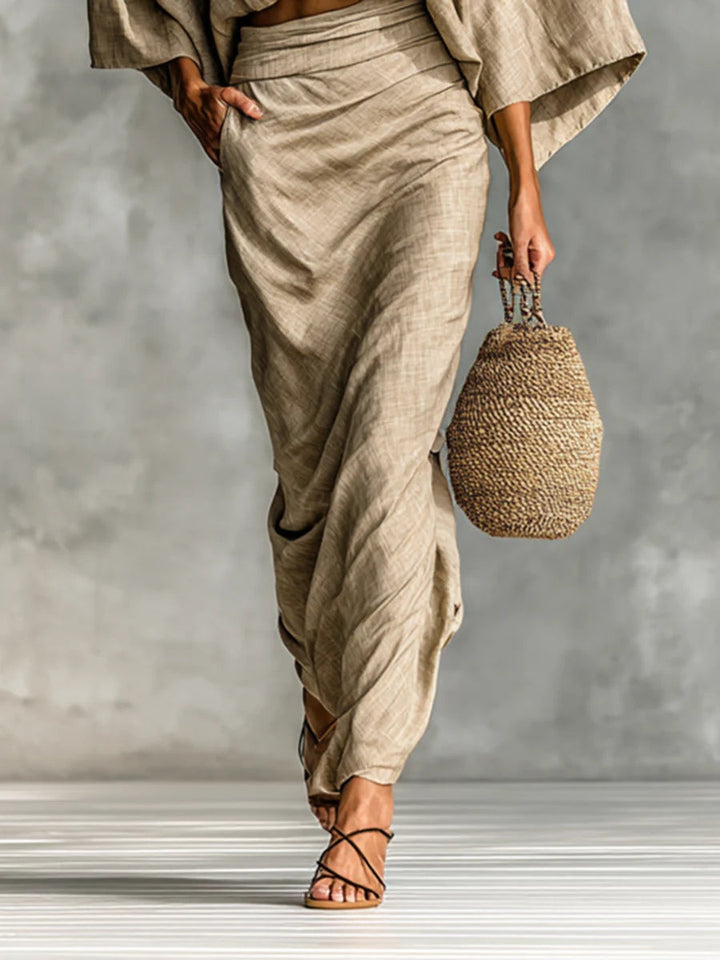 WILLOW | Beige Two Piece Set with Batwing Top and Long Skirt