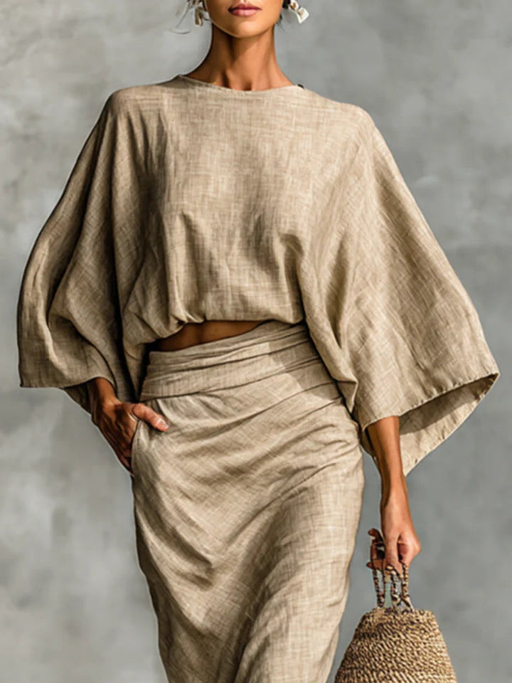 WILLOW | Beige Two Piece Set with Batwing Top and Long Skirt